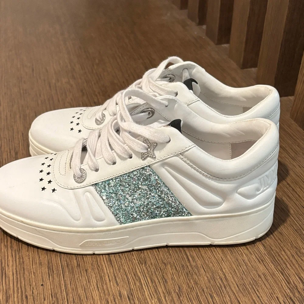 Jimmy Choo White and Teal Glitter Sneakers - Picture 5 of 8